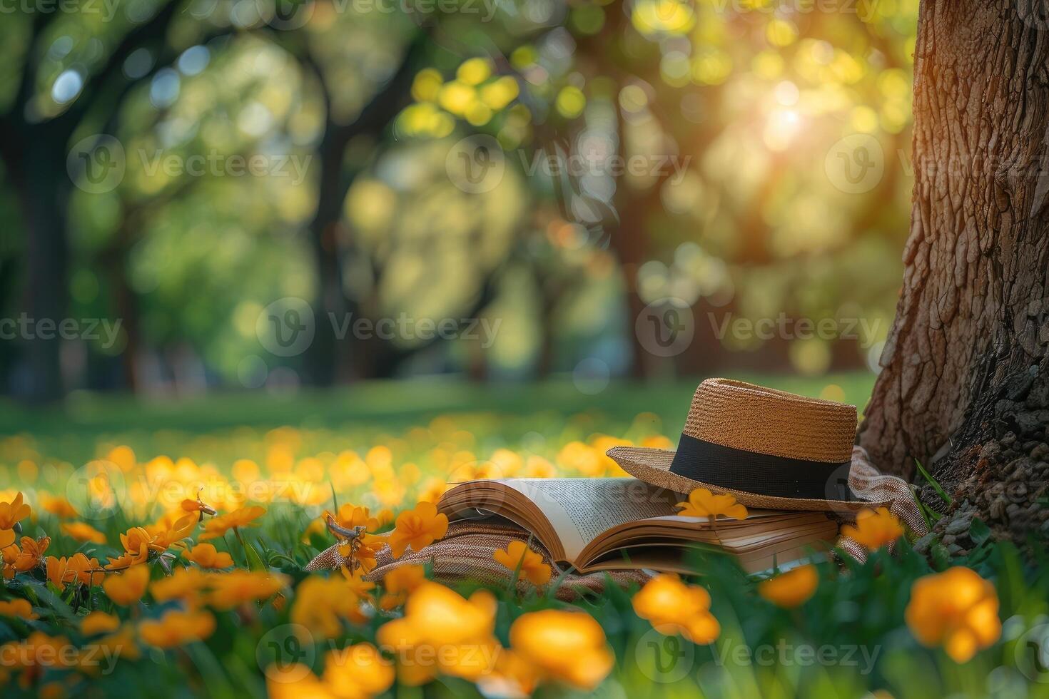 AI generated A blanket and a book under a tree in a sunny spring park professional photography photo