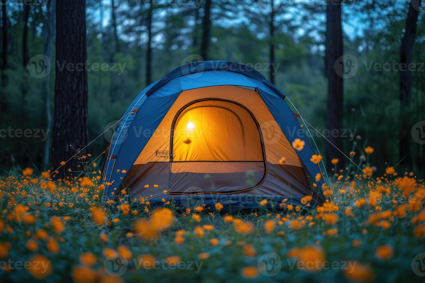 AI generated Camping freedom in the nature and having fun with spring wild flowers view photo