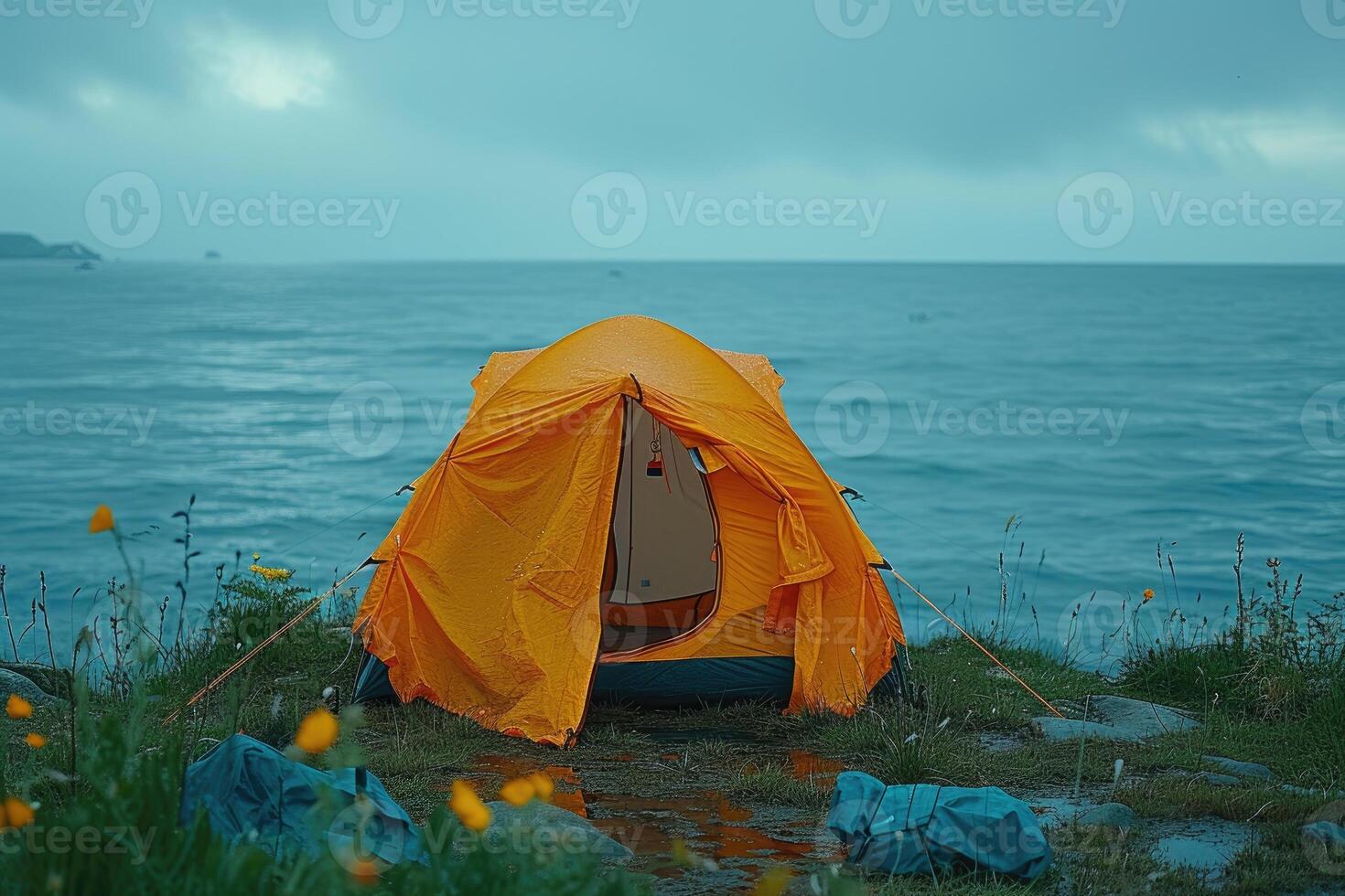 AI generated Camping freedom in the nature and having fun with spring wild flowers view photo