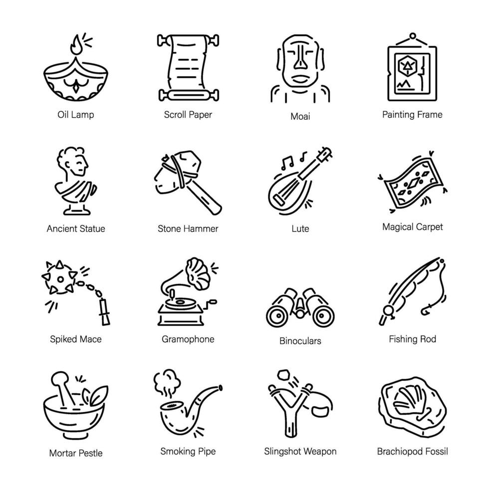 Set of Antique Collectibles Linear Icons vector