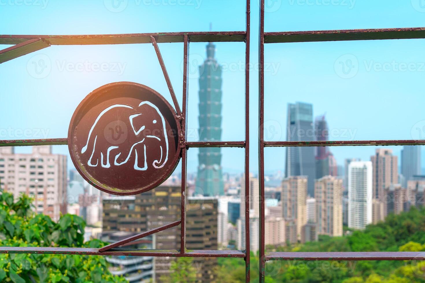 elephant shaped fence with Taipei city from Elephant Mountain or Xiangshan, landmark and popular attractions. Taiwan Travel, vacation and Trip concept photo