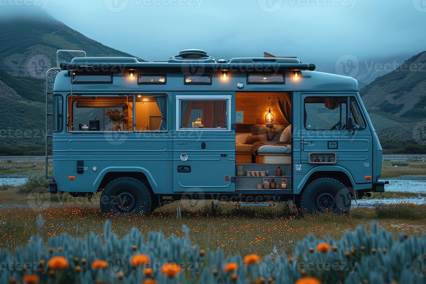 AI generated Camping freedom in the nature and having fun with spring wild flowers view photo