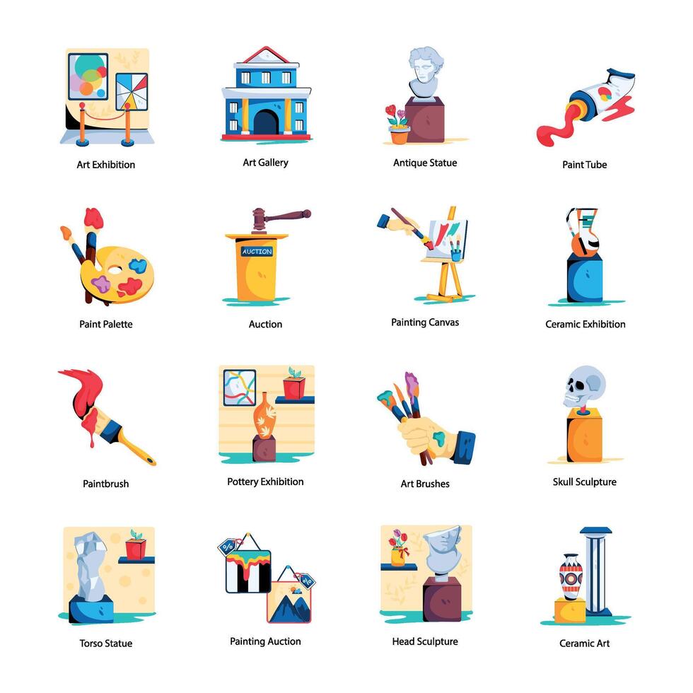 Set of 16 Art Gallery Flat Icons vector
