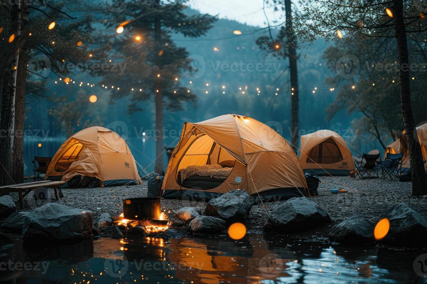 AI generated Camping freedom in the nature and having fun with spring wild flowers view photo
