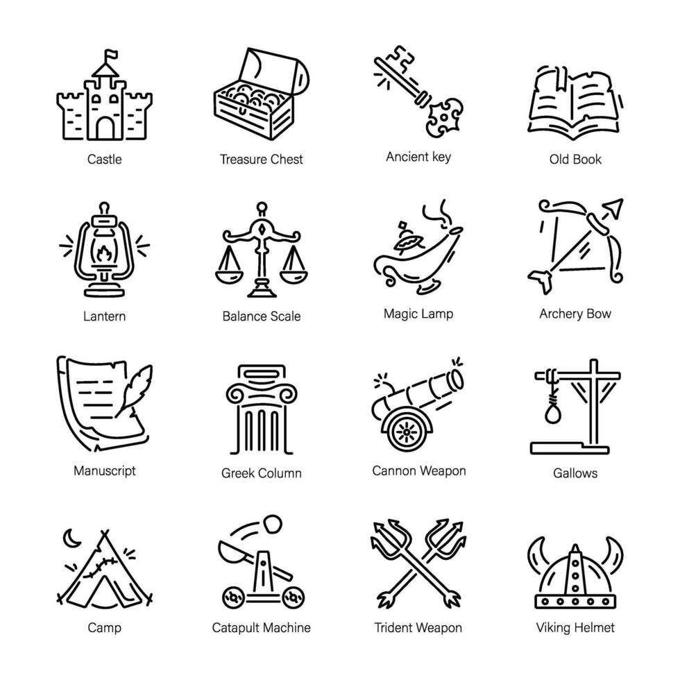Handy Collection of Linear Style Artefacts Icons vector