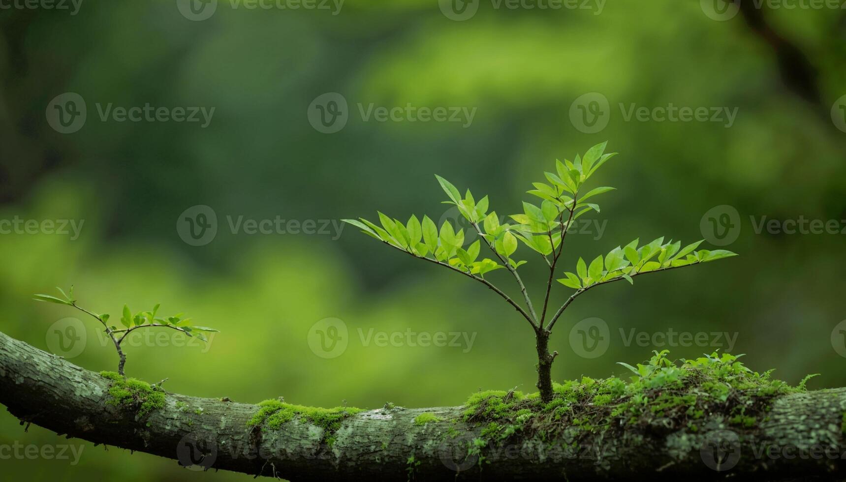 Young Green Saplings Thriving on a Moss-Covered Log in a Lush Forest photo