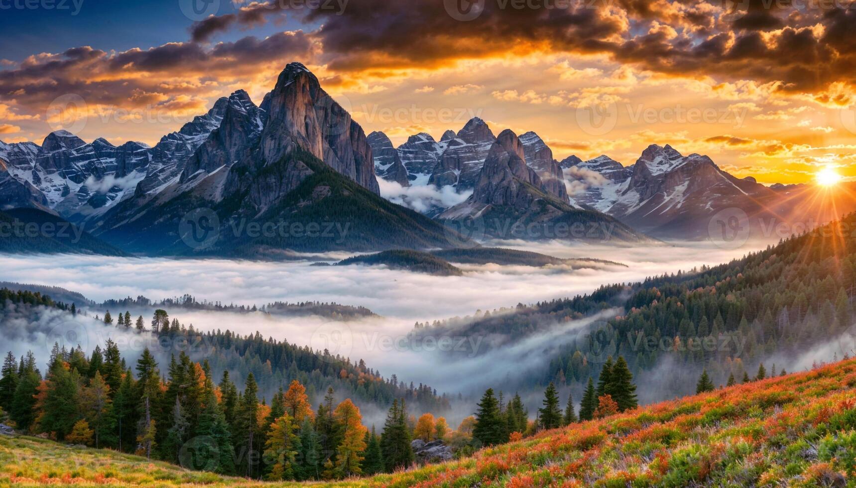 Majestic Sunrise Over Rugged Mountain Peaks With Mist-Filled Valleys and Lush Forest photo