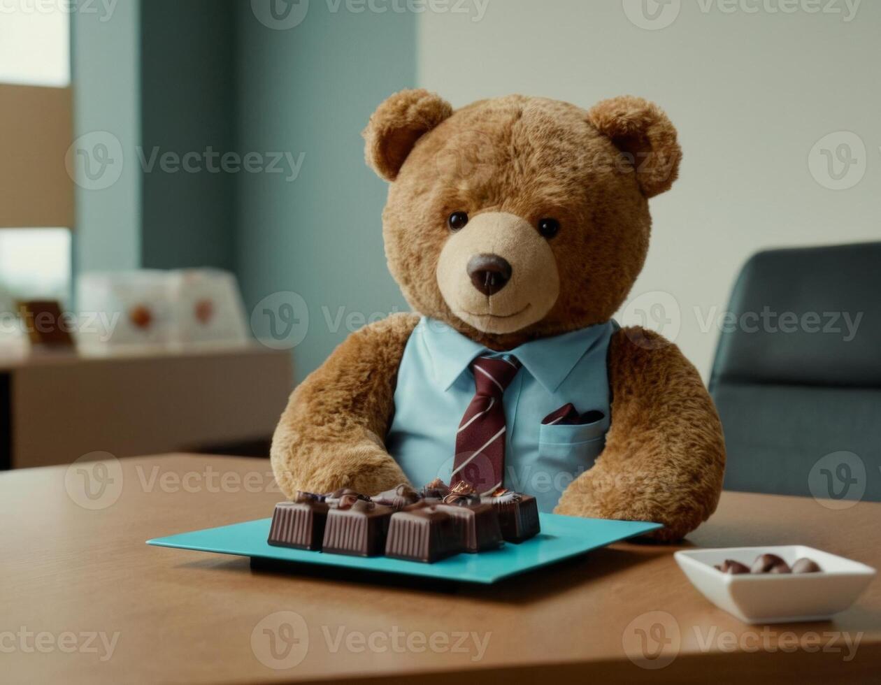 AI generated Image of a toy Bear with sweets in the office. AI generation photo