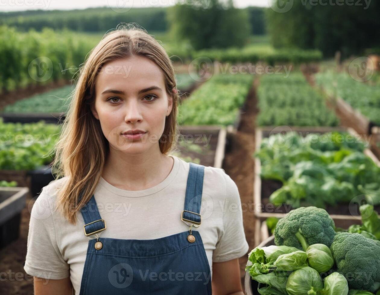 AI generated Portrait of a young woman with a harvest of vegetables in the garden. AI generation photo