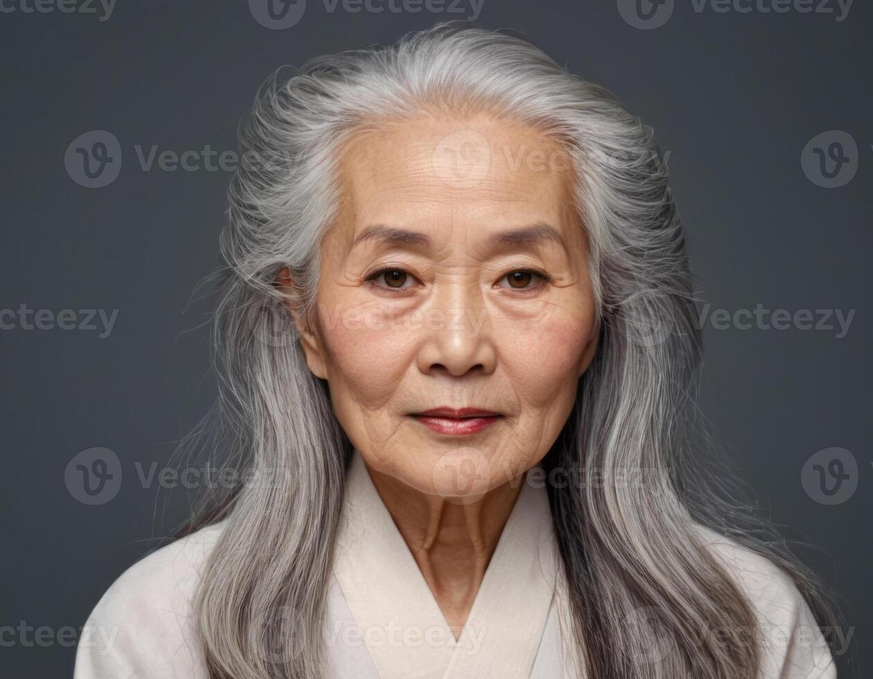 ai generado minimalista retrato de un mayor mujer en un kimono. foto