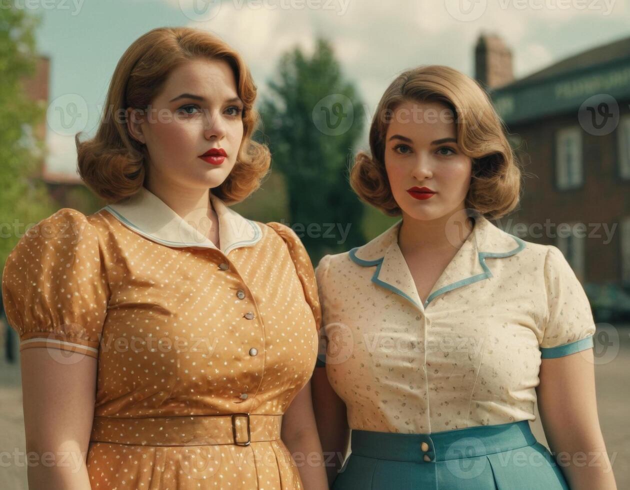 AI generated Retro image of two young women. AI generation photo