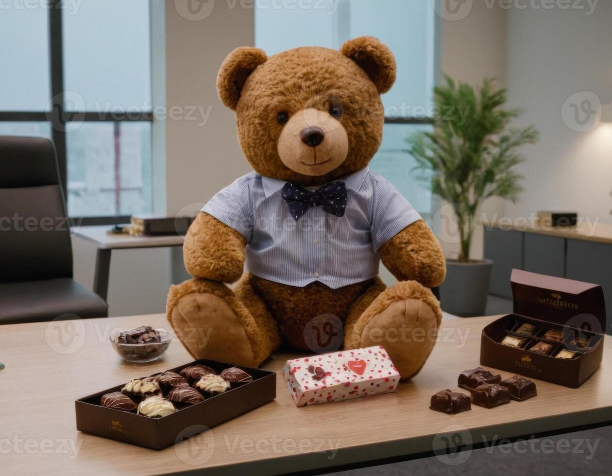 AI generated Image of a toy Bear with sweets in the office. AI generation photo