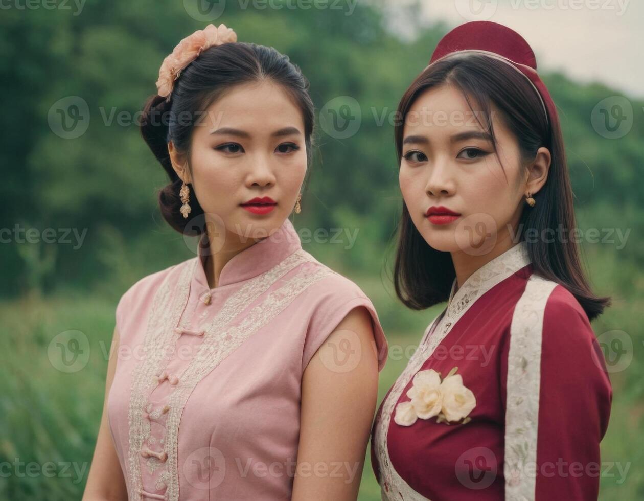 AI generated Retro image of two young Asian women. AI generation photo