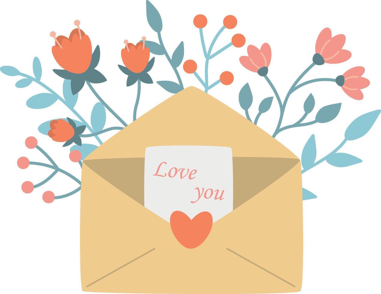 Greeting card envelope with flowers and note love you, vector illustration in flat style