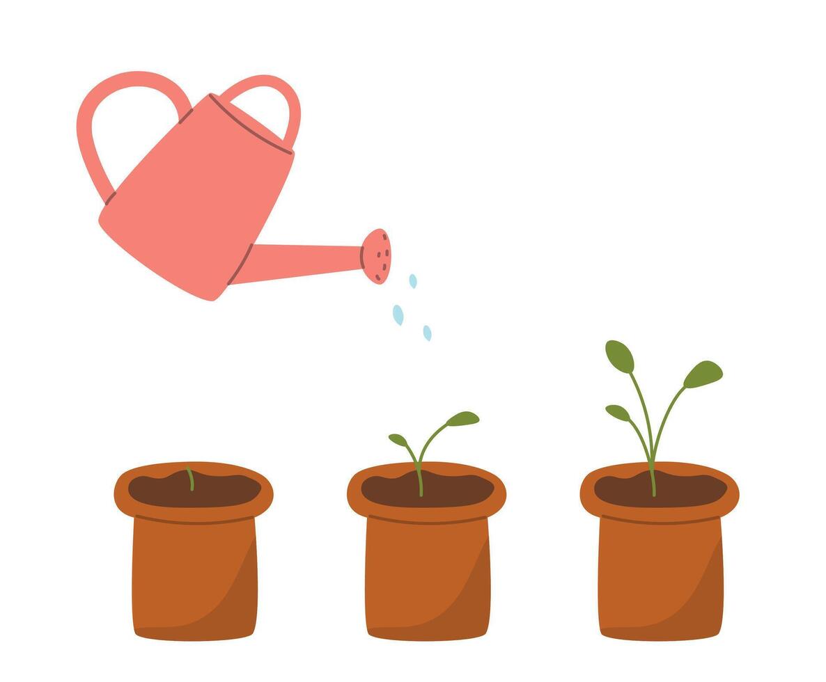 Growing a plant in a pot, seedlings, watering with a watering can, flat vector illustration