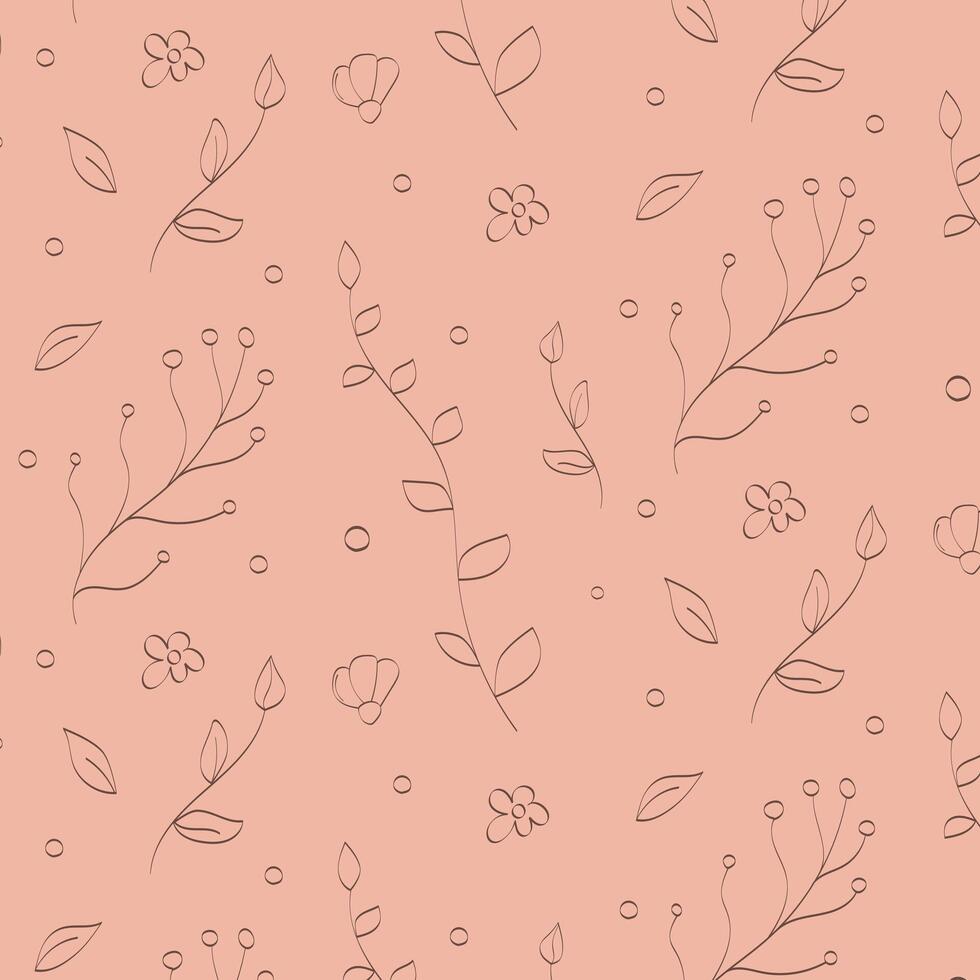 Vector pattern of plants and flowers on a pink background, hand drawn doodle