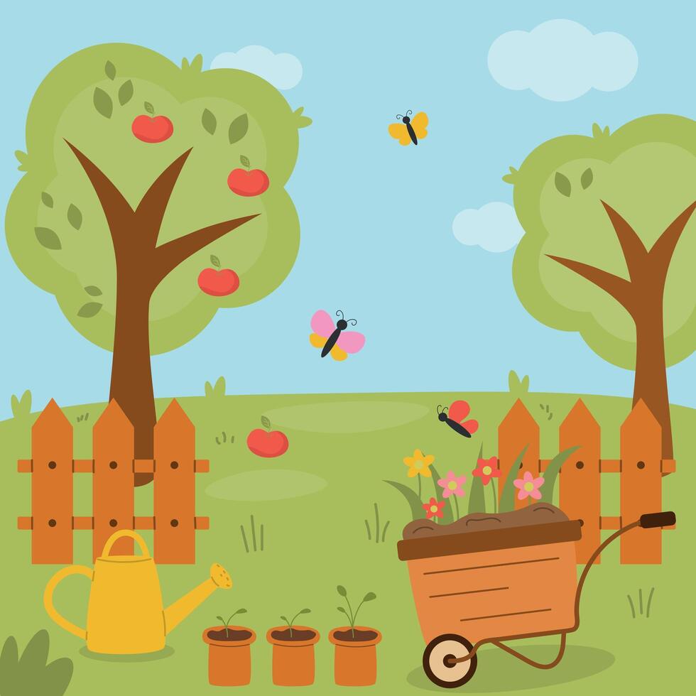 Garden landscape with tools, seedlings and plants, apple tree, watering can, wheelbarrow and flowers, gardening illustration vector