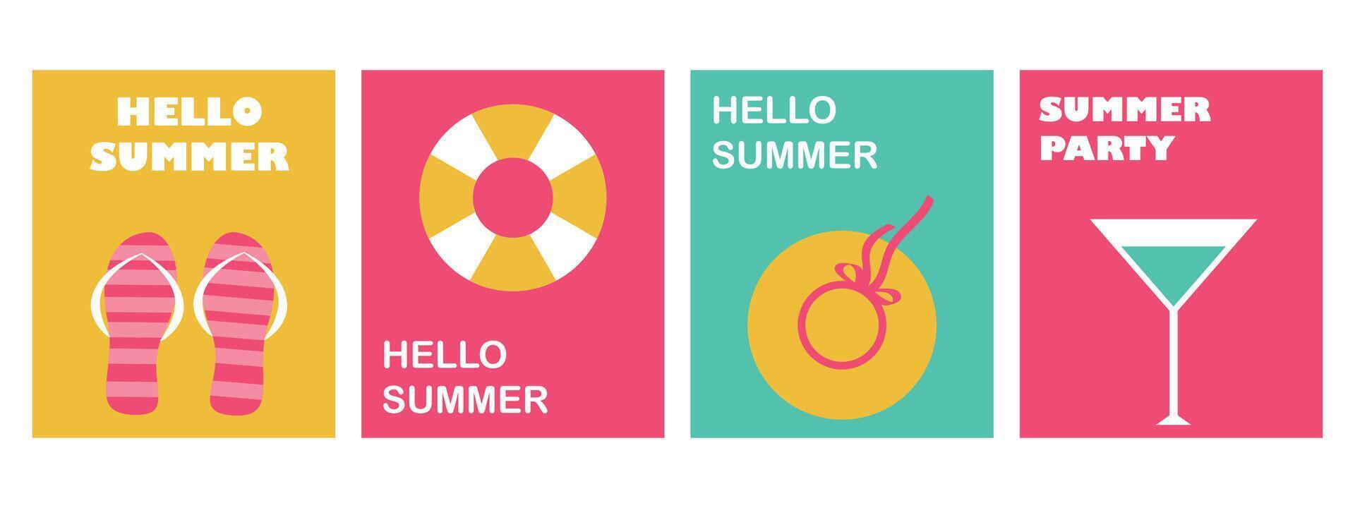 verano, vector verano tarjetas colocar, playa zapatillas, nadando círculo, playa sombrero, cóctel, resumen vector antecedentes patrones