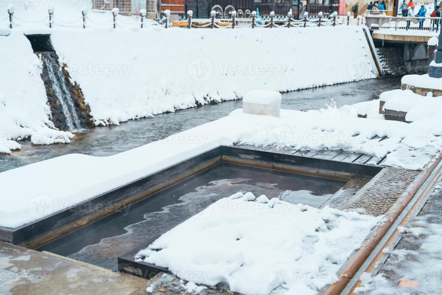 Foot bath hot spring in Ginzan Onsen with snow fall in winter season is most famous Japanese Hot Spring in Yamagata, Japan. photo