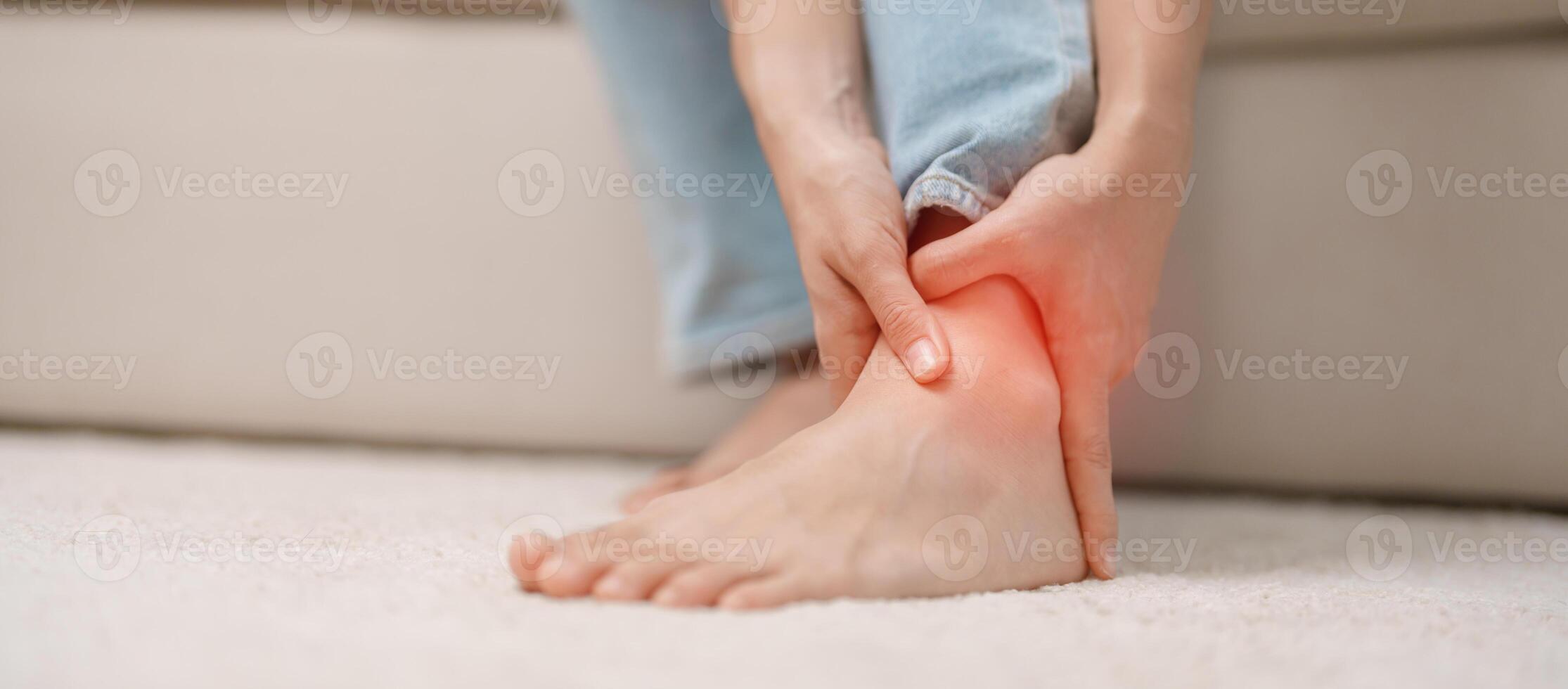 woman having leg pain due to Ankle Sprains or Achilles Tendonitis and Shin Splints ache. injuries, health and medical concept photo