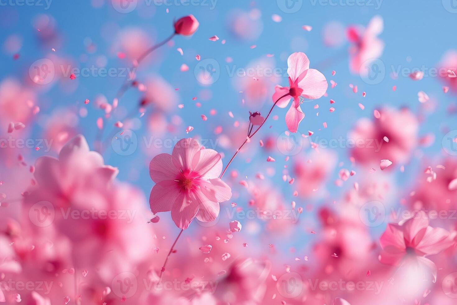 AI generated petal flowers confetti falling from a bright blue sky on an autumn or spring professional photography photo