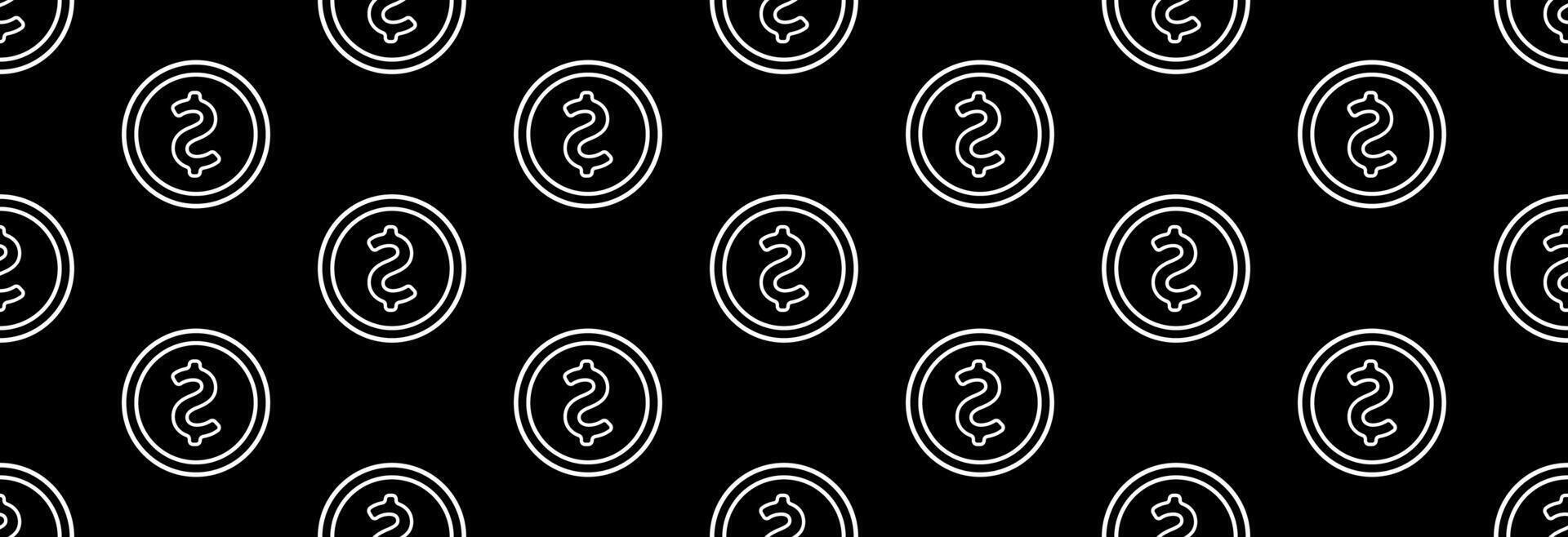 Dollar coin icon on black background, seamless pattern. vector