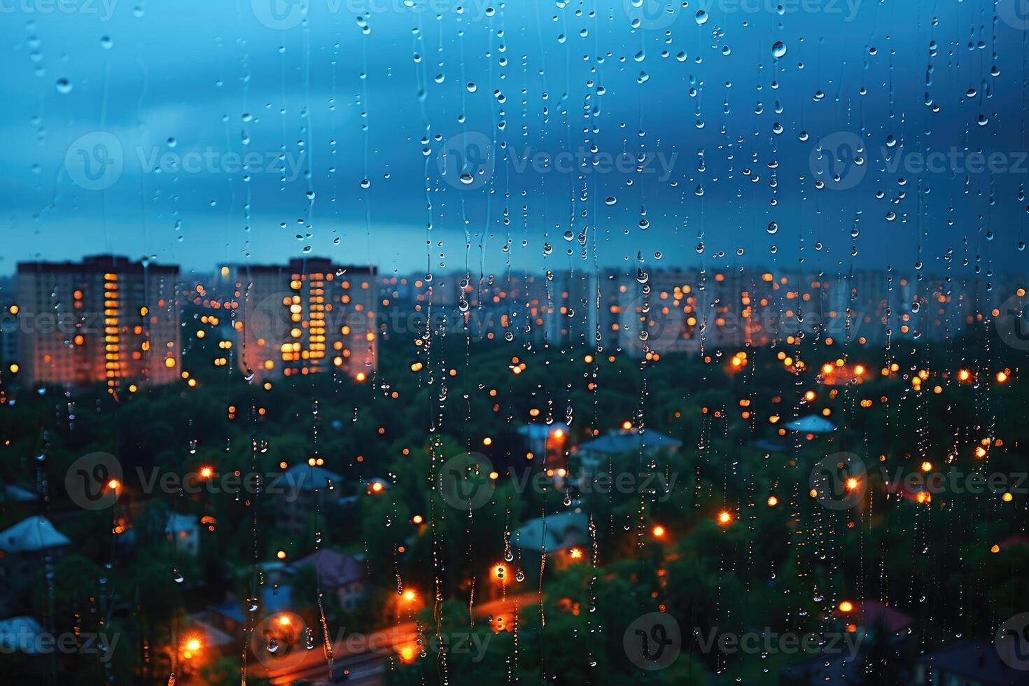 AI generated Panoramic window showing a view of a night time city lit up with lights and rainy professional photography photo