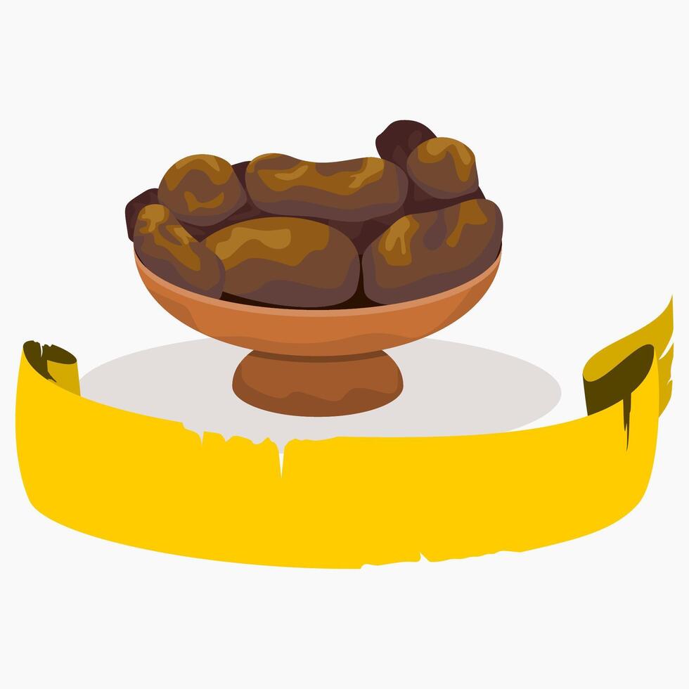Editable Top Side View Dates Fruit in a Bowl with Text Background Ribbon for Ramadan or Eid Islamic Seasonal Moments vector