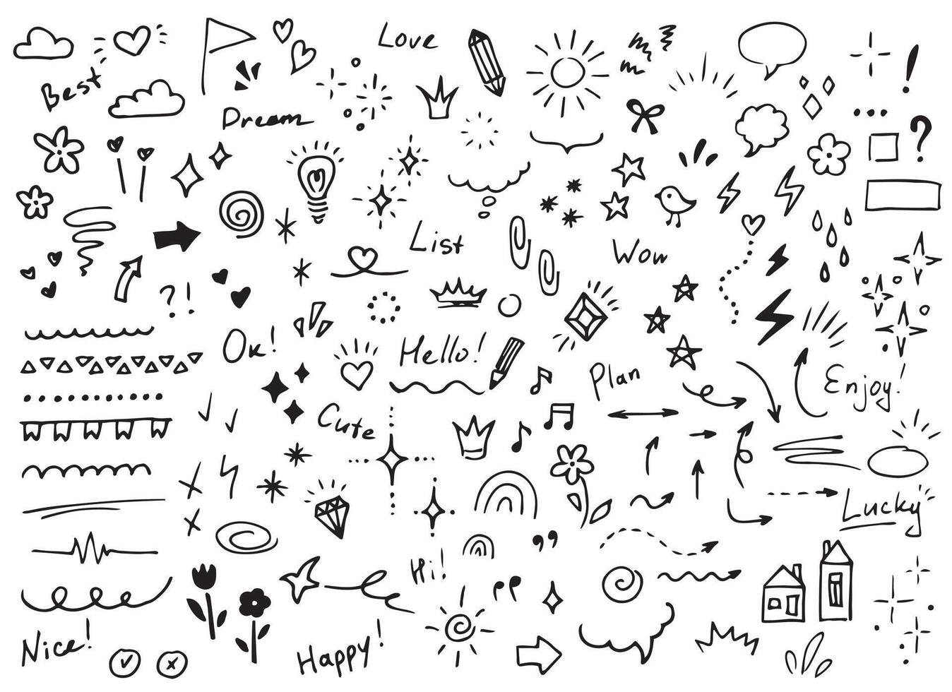 Vector doodle set of different elements. Stars, sparkles, arrows, speech balloons, hearts, words, diamonds, flowers, signs and symbols.