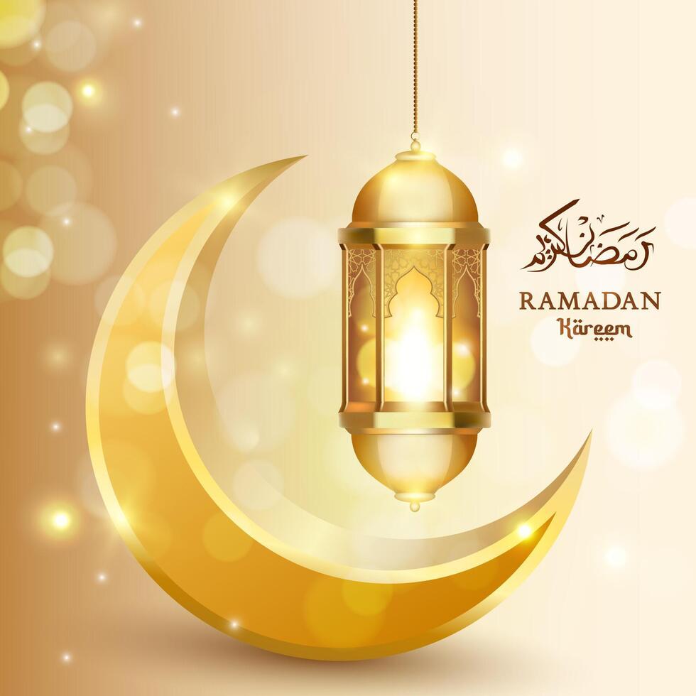 Ramadán kareem caligrafía con linterna y Luna islámico antecedentes vector