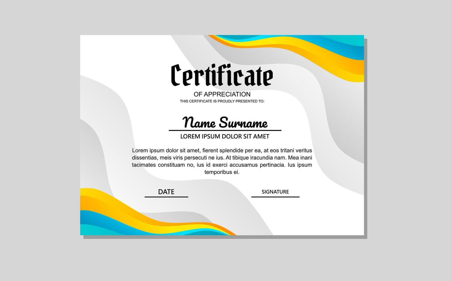 certificado modelo en naranja y azul colores en resumen estilo. vector