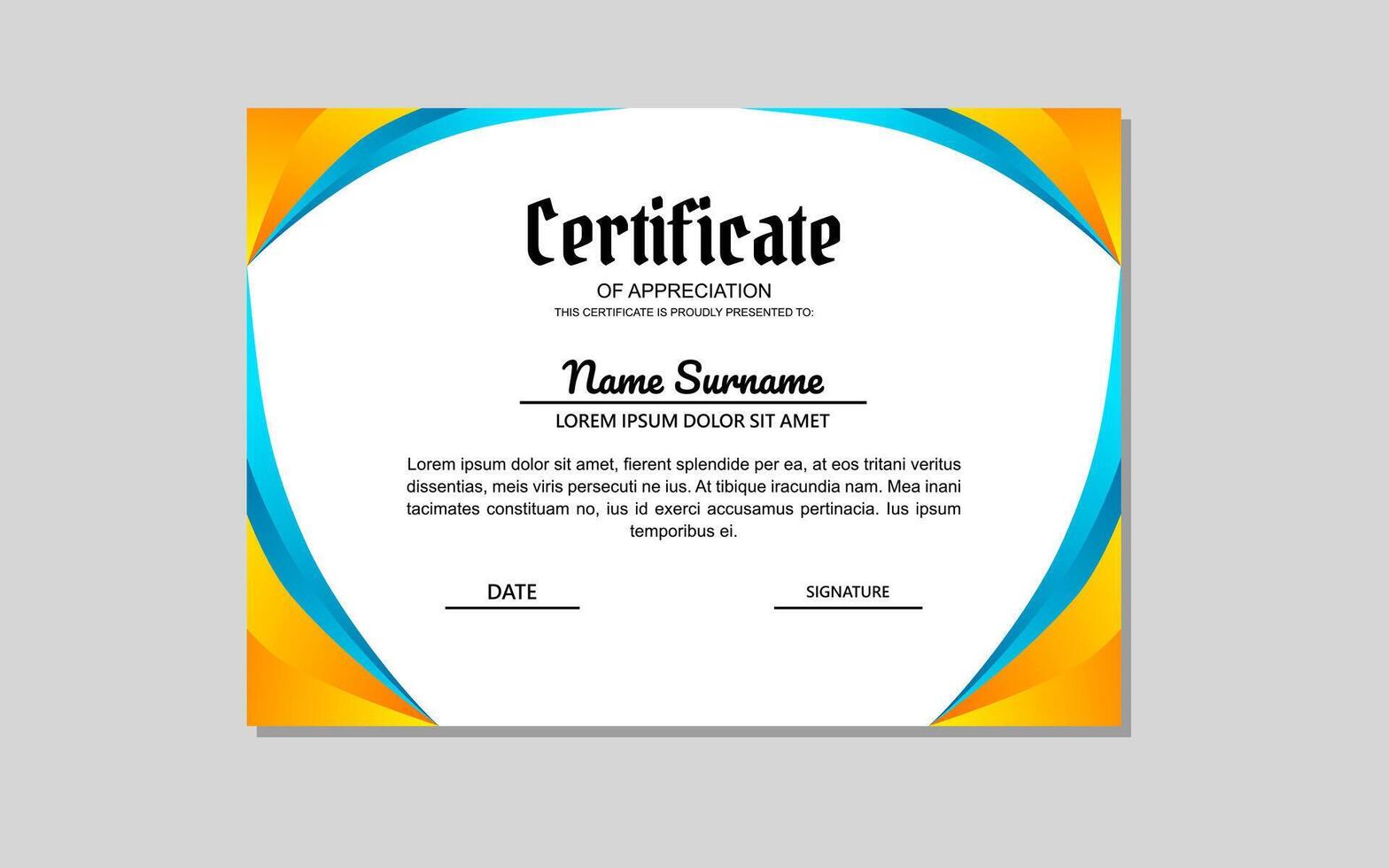 certificate template in orange and blue colors in abstract style. vector