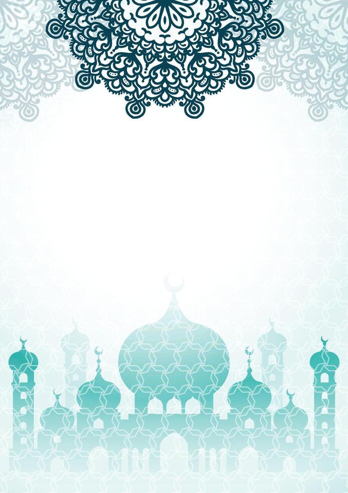 eid Mubarak saludo tarjeta con mezquita y mandala vector
