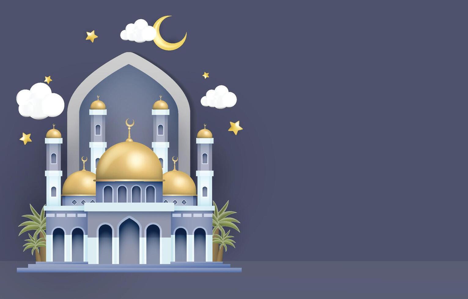 Ramadan Kareem background with mosque and crescent moon. Vector illustration.