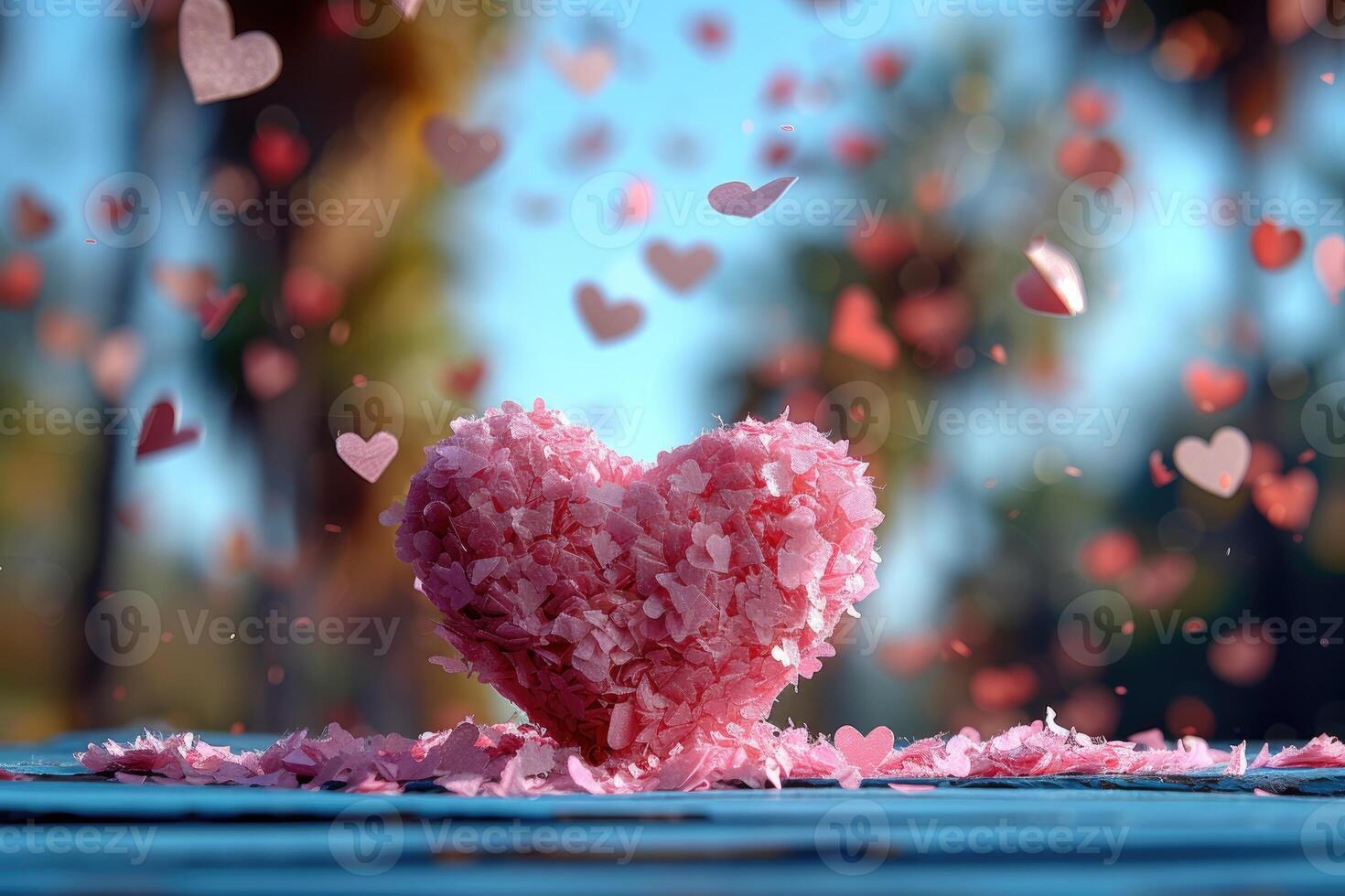 AI generated heart shaped confetti falling from a bright blue sky professional photography background photo