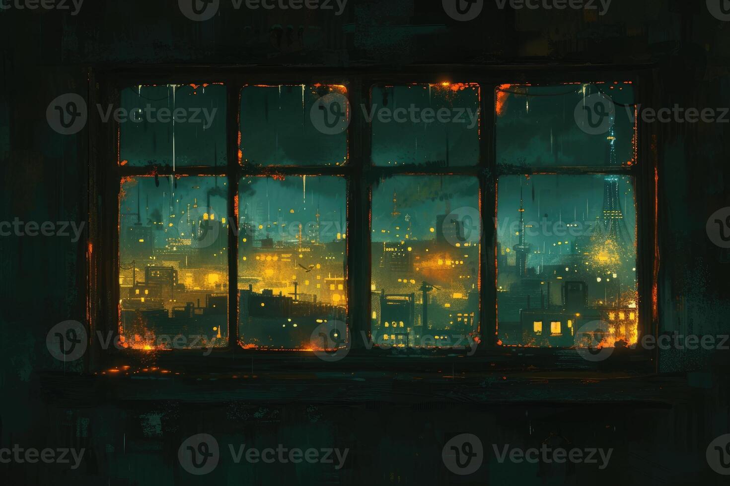 AI generated Panoramic window showing a view of a night time city lit up with lights and rainy professional photography photo