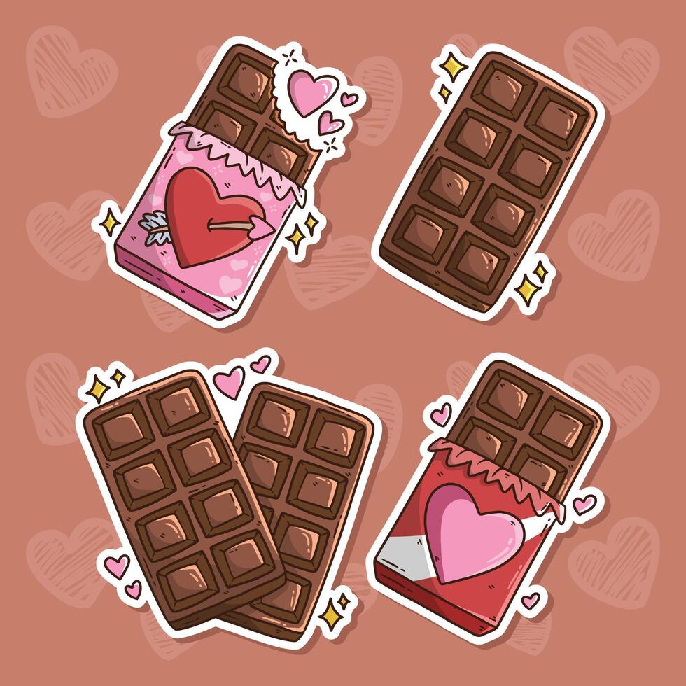 Cartoon vector illustration set of valentine chocolate bar. Hand drawn vector illustration