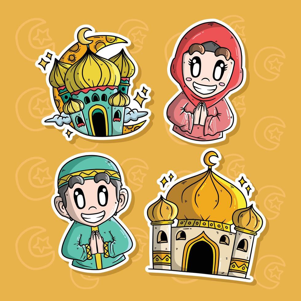 Islamic cartoon vector illustration set. Hand drawn vector illustration.