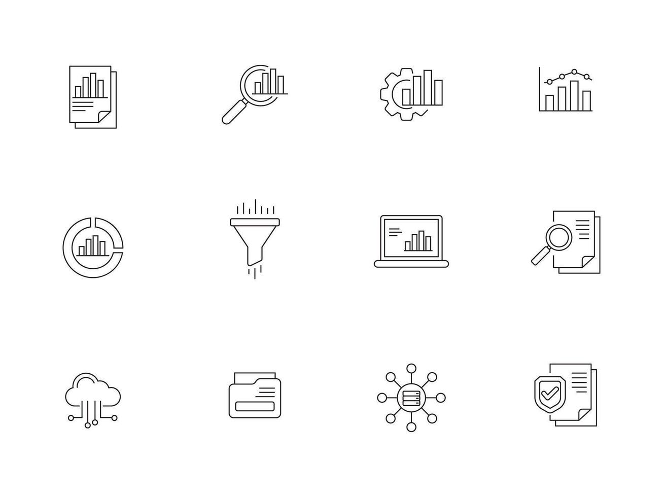 Set of data and statistics icons in line style on white background vector