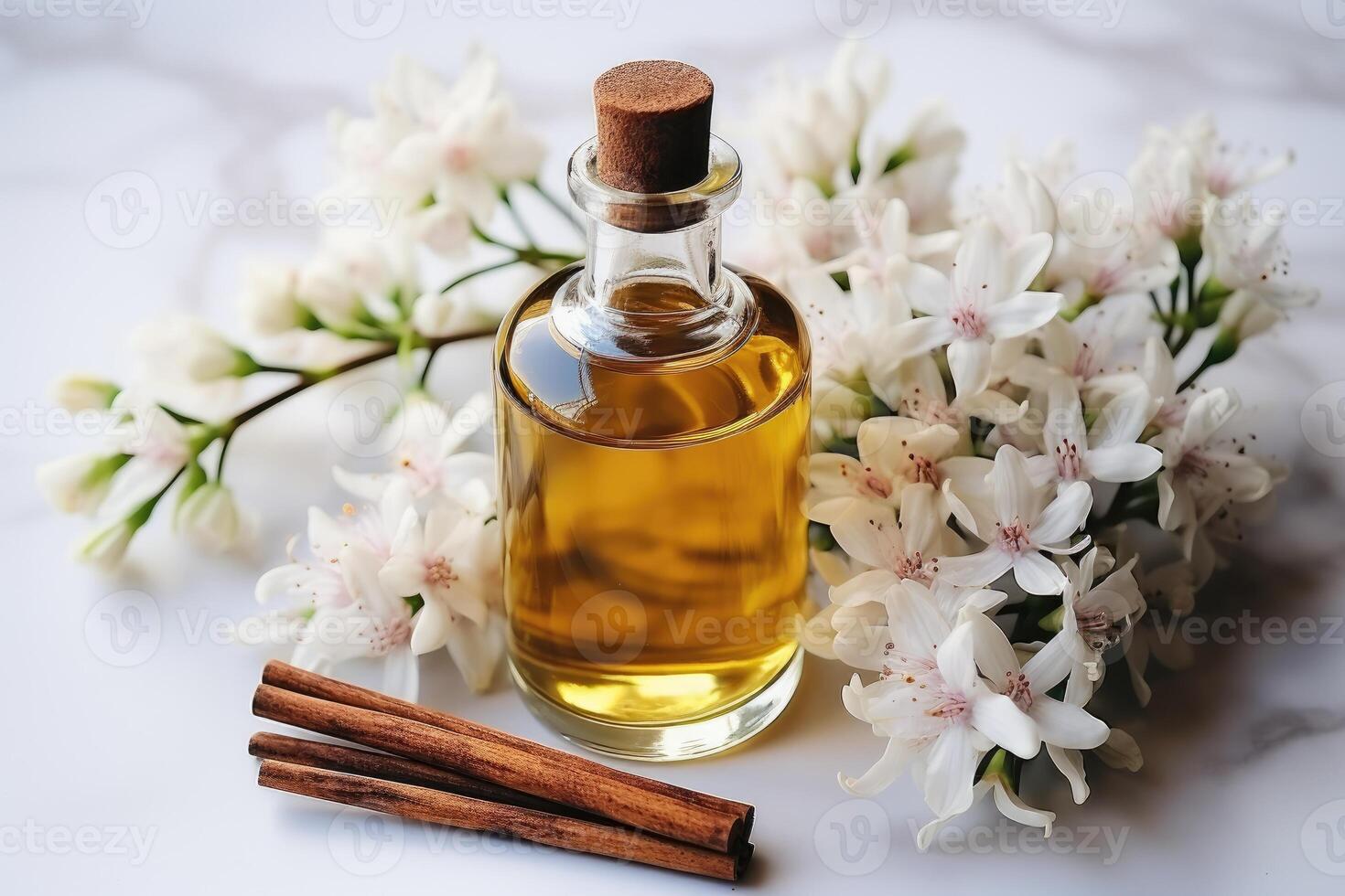 AI generated vanilla oil extract with isolated table professional photography photo