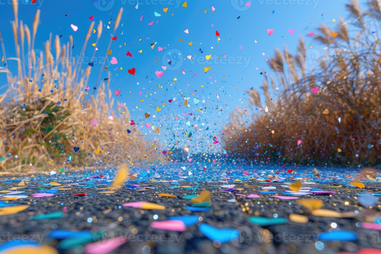 AI generated heart shaped confetti falling from a bright blue sky professional photography background photo