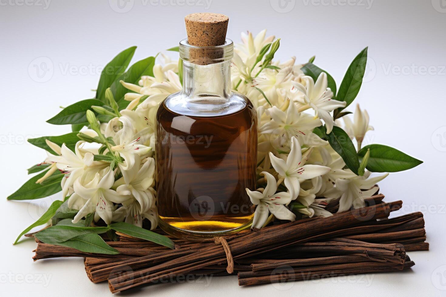 AI generated vanilla oil extract with isolated table professional photography photo