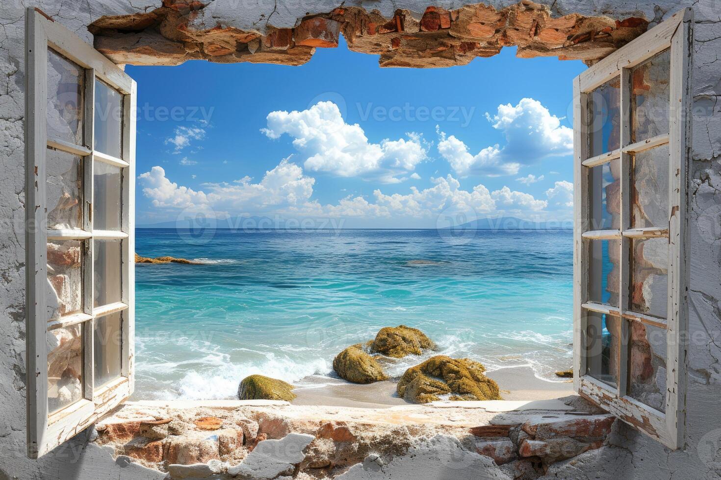 AI generated Panoramic showing of a seascape with blue sky above sunlights professional photography photo