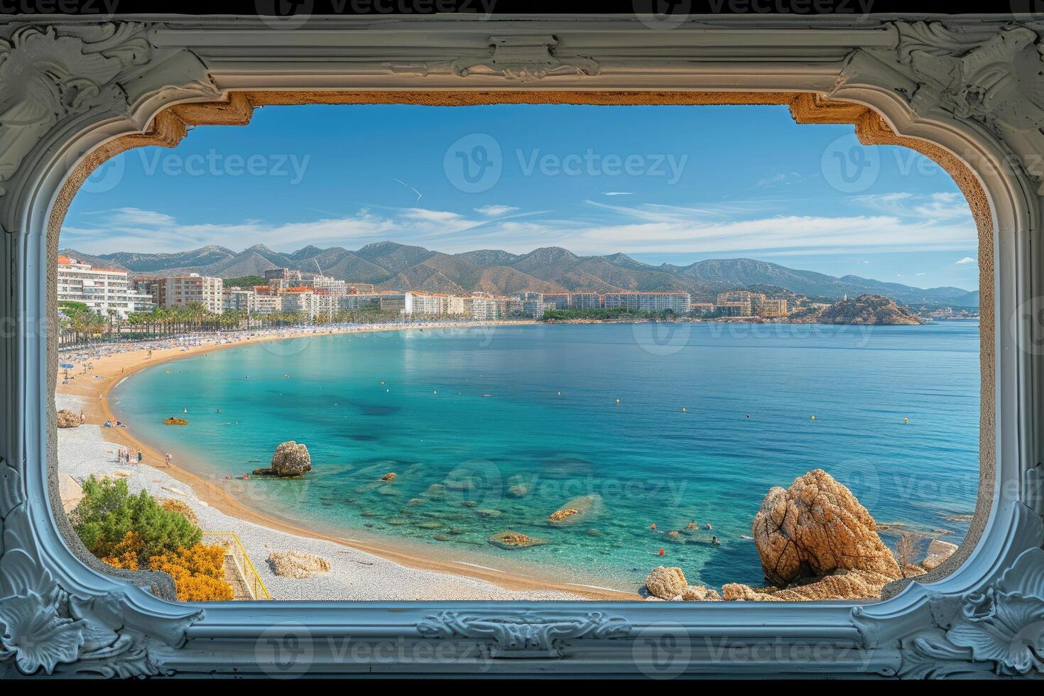 AI generated Panoramic showing of a seascape with blue sky above sunlights professional photography photo