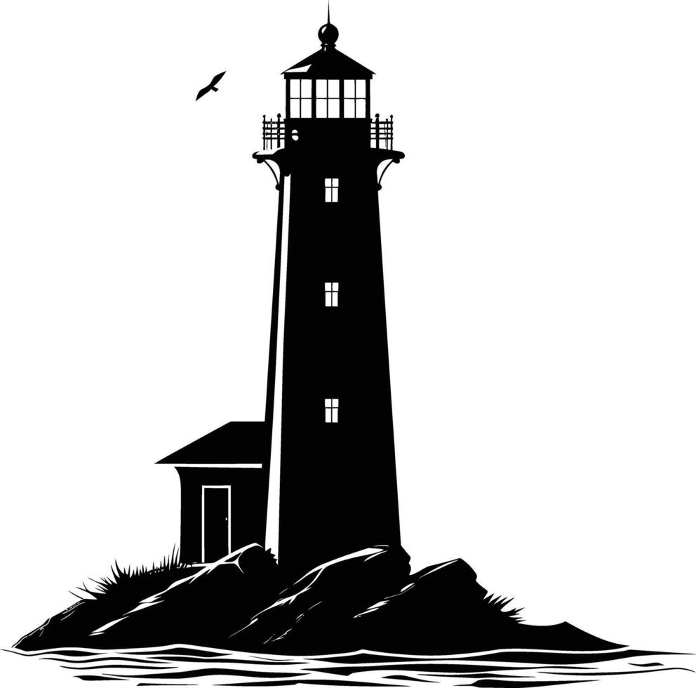 AI generated Silhouette lighthouse full black color only vector