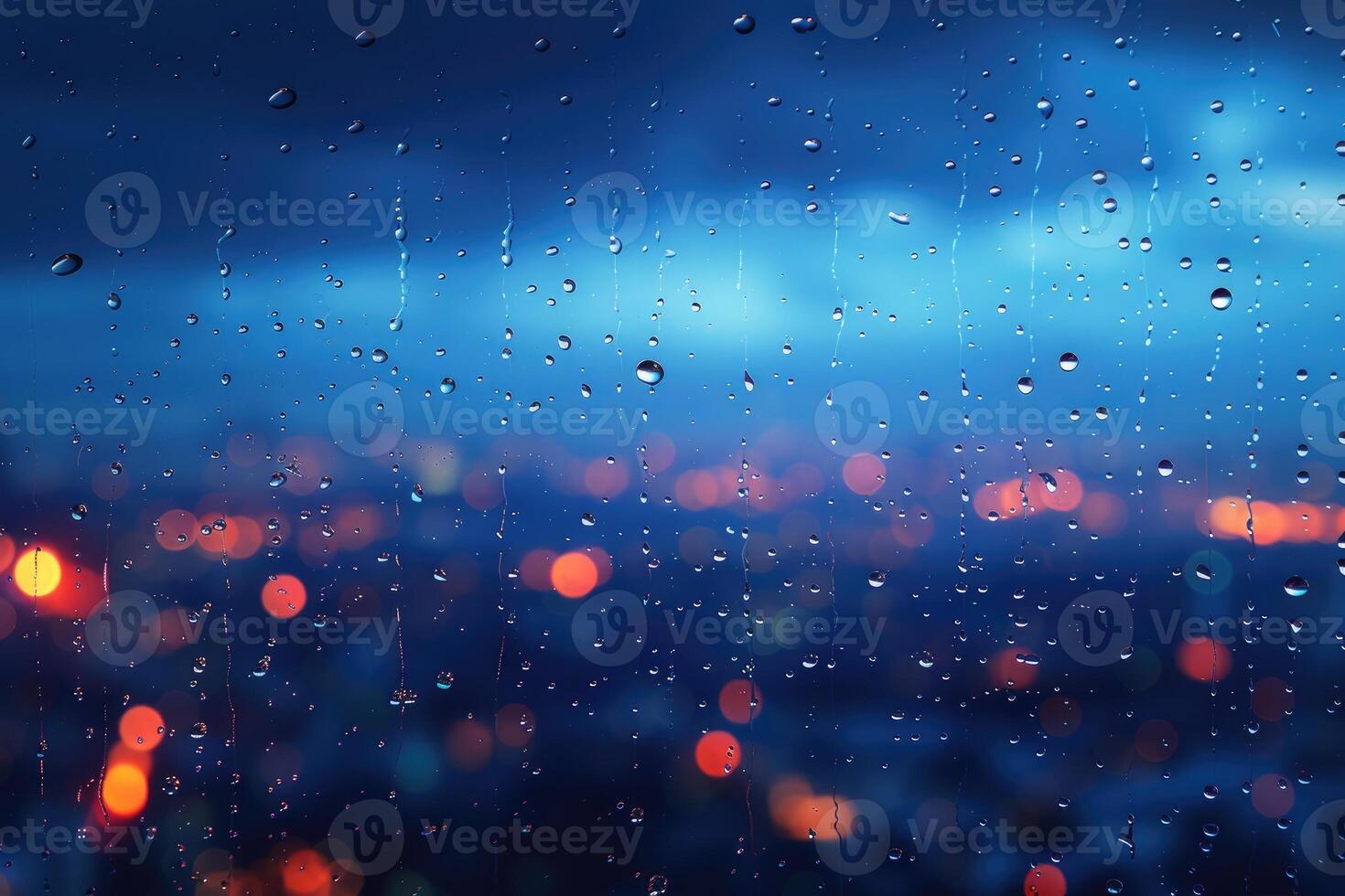 AI generated Panoramic window showing a view of a night time city lit up with lights and rainy professional photography photo