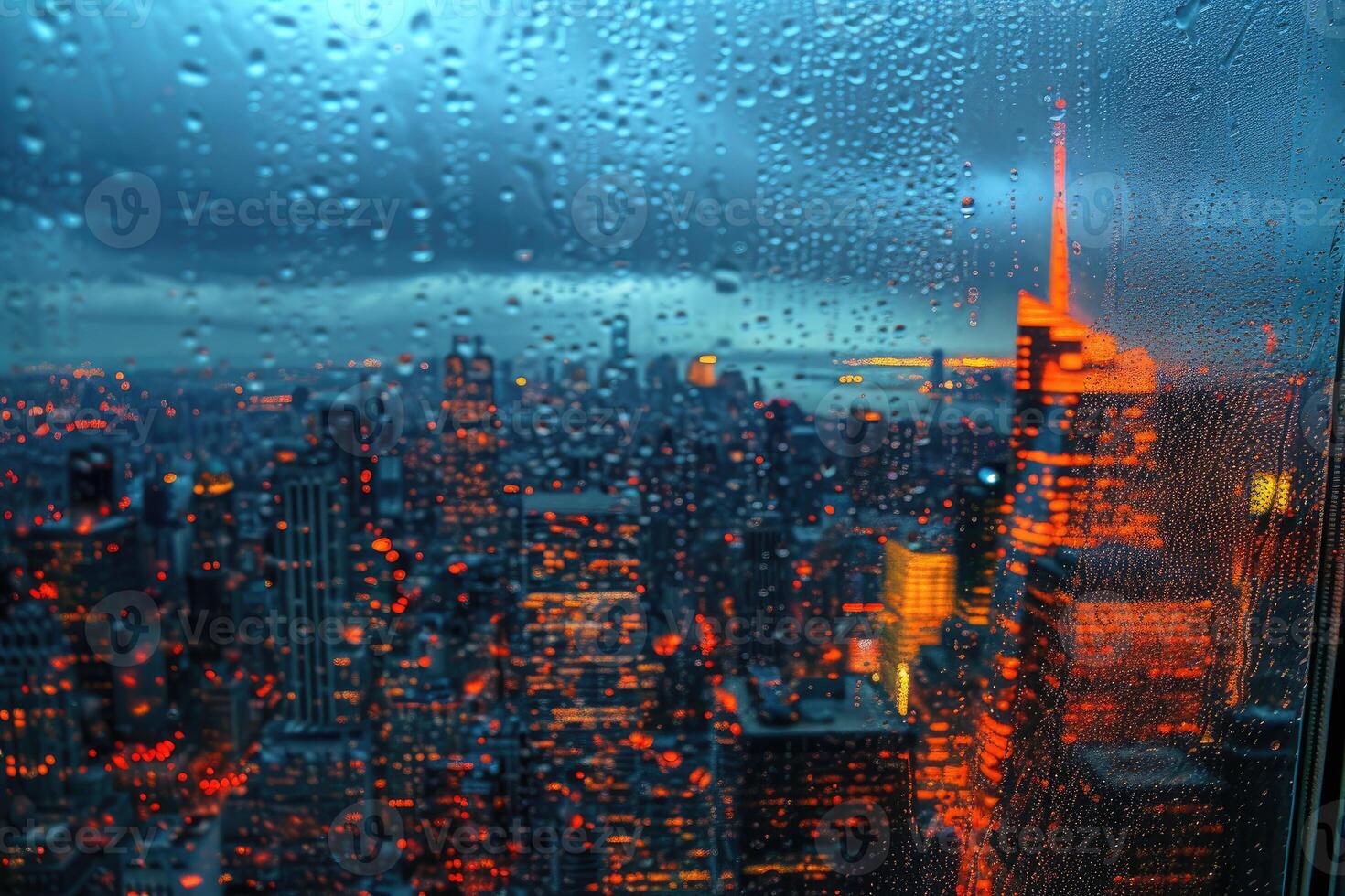 ai generado panorámico ventana demostración un ver de un noche hora ciudad iluminado arriba con luces y lluvioso profesional fotografía foto