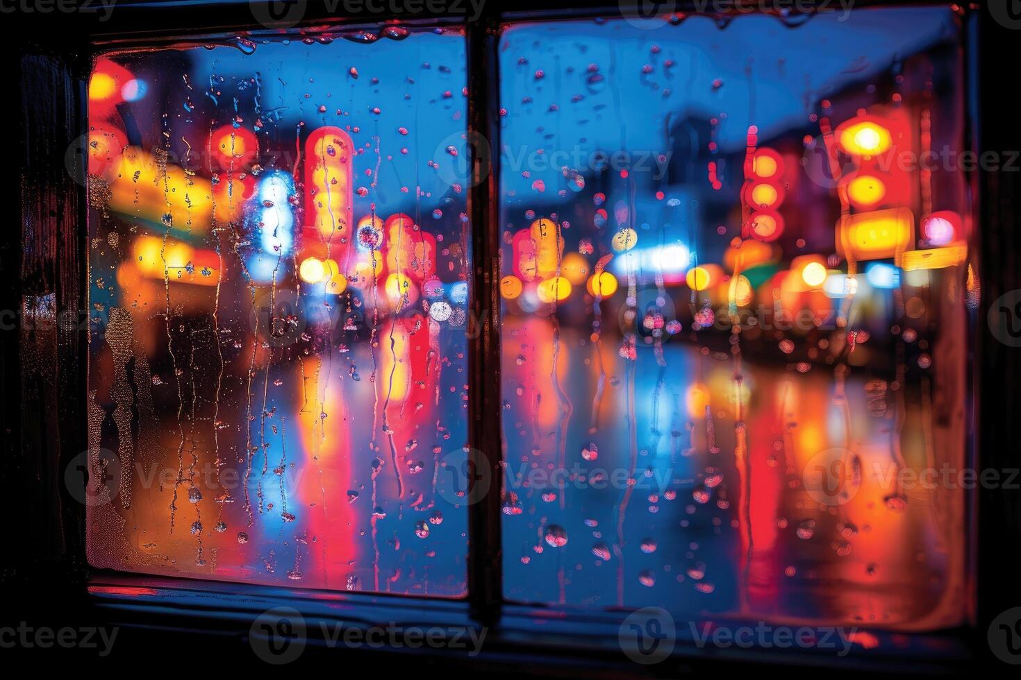 AI generated Panoramic window showing a view of a night time city lit up with lights and rainy professional photography photo