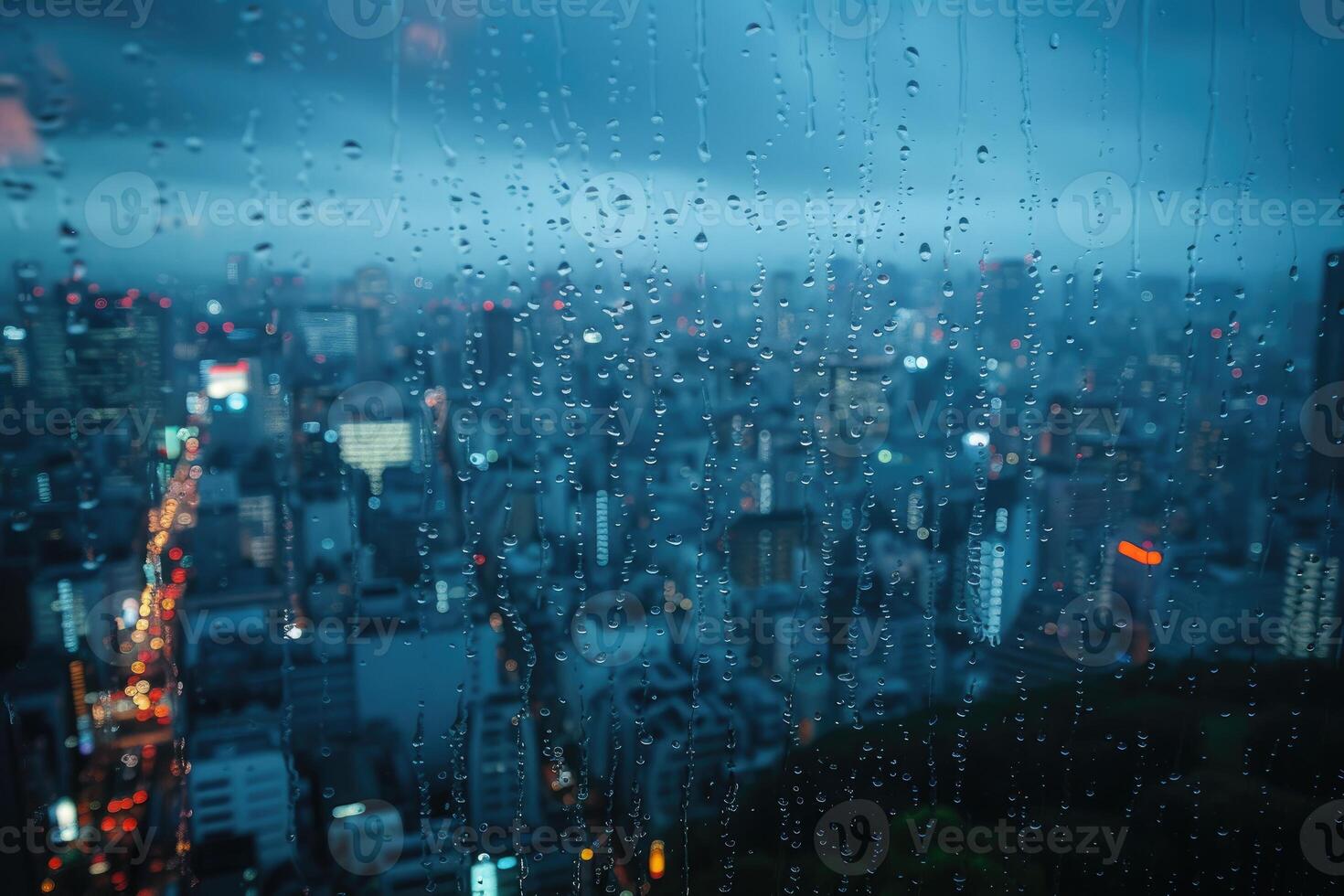 AI generated Panoramic window showing a view of a night time city lit up with lights and rainy professional photography photo