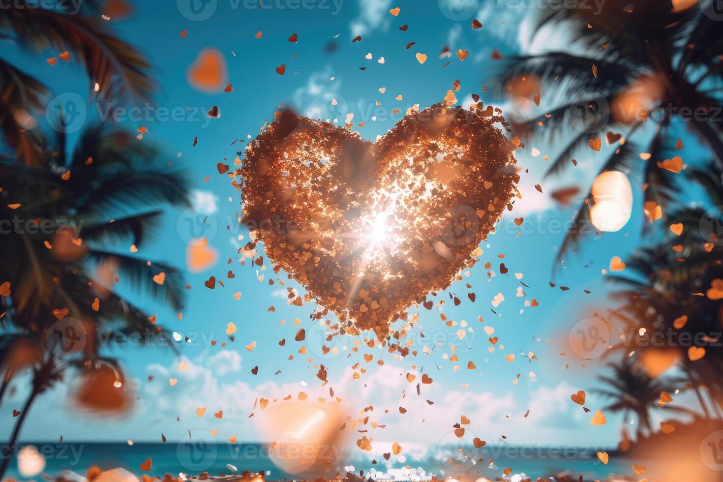 AI generated heart shaped confetti falling from a bright blue sky professional photography background photo